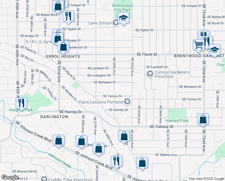 map of restaurants, bars, coffee shops, grocery stores, and more near 8053 Southeast 60th Avenue in Portland