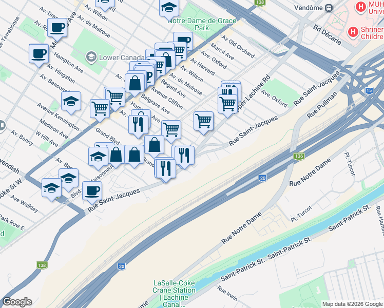 map of restaurants, bars, coffee shops, grocery stores, and more near 6087 Rue Saint-Jacques in Montréal