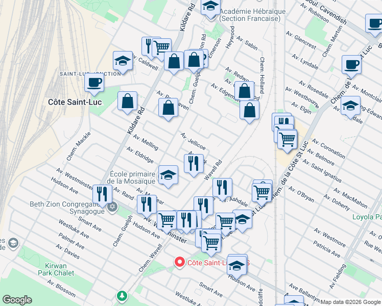map of restaurants, bars, coffee shops, grocery stores, and more near 5631 Avenue Cork in Côte Saint-Luc