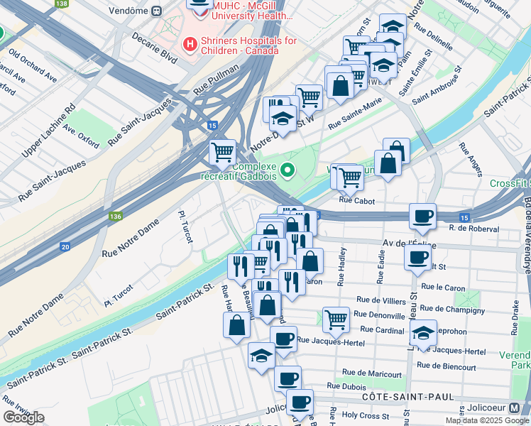 map of restaurants, bars, coffee shops, grocery stores, and more near 5523 Chemin de la Côte Saint Paul in Montreal