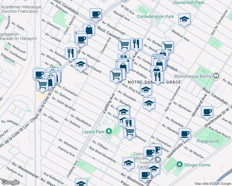 map of restaurants, bars, coffee shops, grocery stores, and more near 6860 Avenue Fielding in Montréal