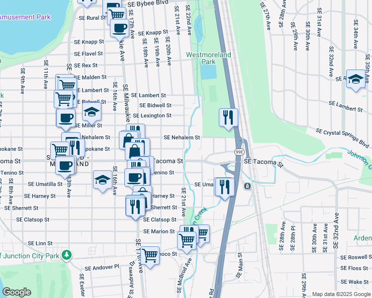 map of restaurants, bars, coffee shops, grocery stores, and more near 8026 Southeast 21st Avenue in Portland