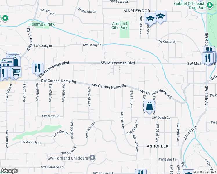 map of restaurants, bars, coffee shops, grocery stores, and more near 5877 Southwest 59th Avenue in Portland