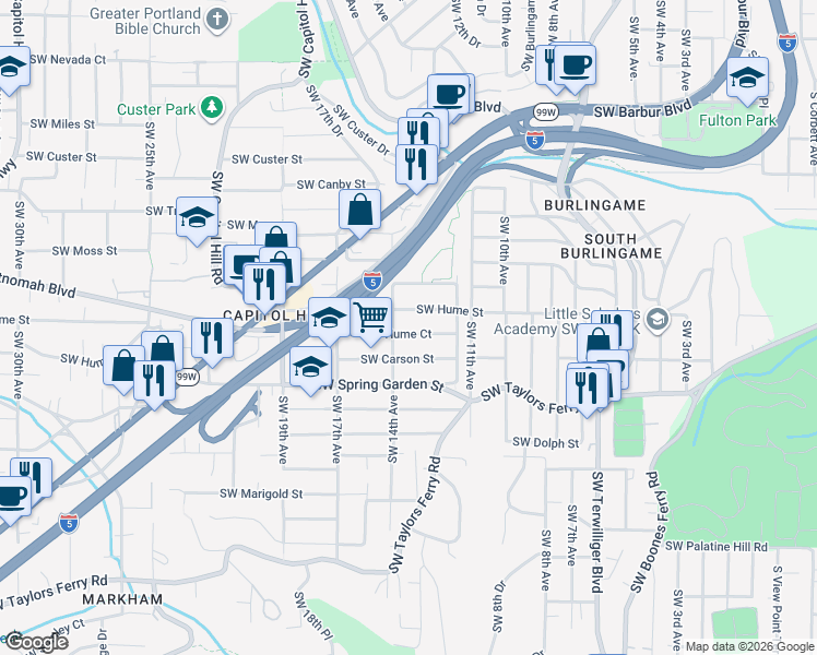 map of restaurants, bars, coffee shops, grocery stores, and more near 1331 Southwest Hume Court in Portland