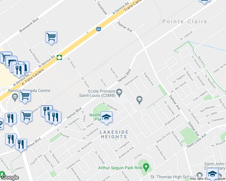 map of restaurants, bars, coffee shops, grocery stores, and more near 149 Avenue Eastview in Pointe-Claire