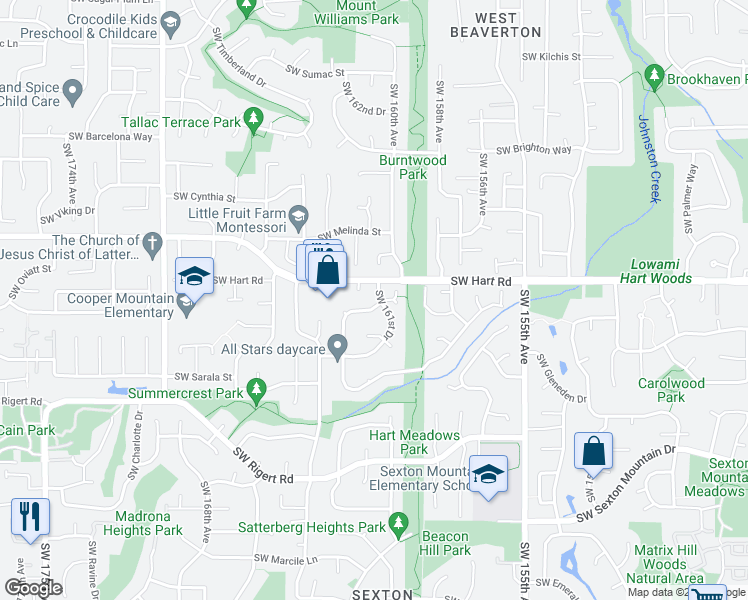 map of restaurants, bars, coffee shops, grocery stores, and more near 16340 Southwest Bridle Hills Drive in Beaverton