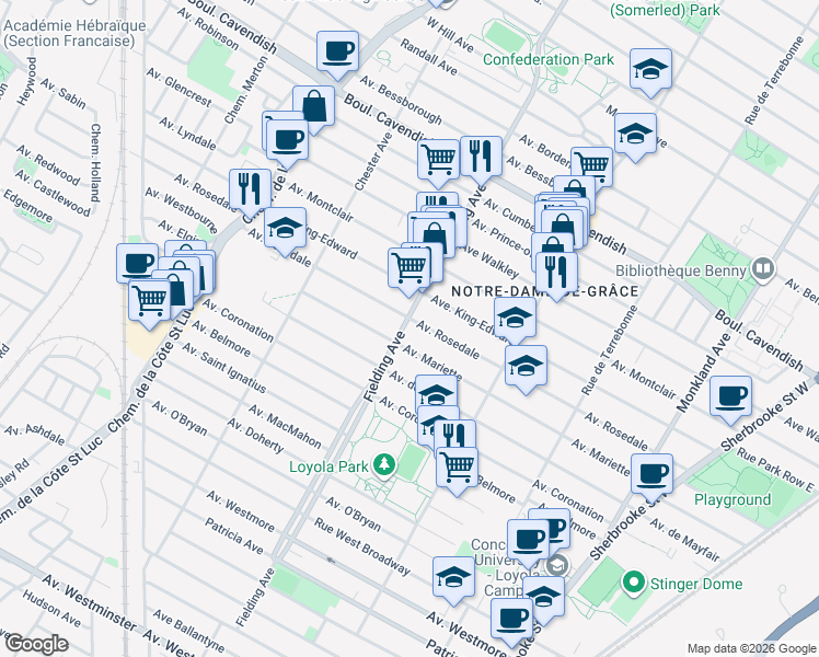 map of restaurants, bars, coffee shops, grocery stores, and more near 6860 Avenue Fielding in Montréal