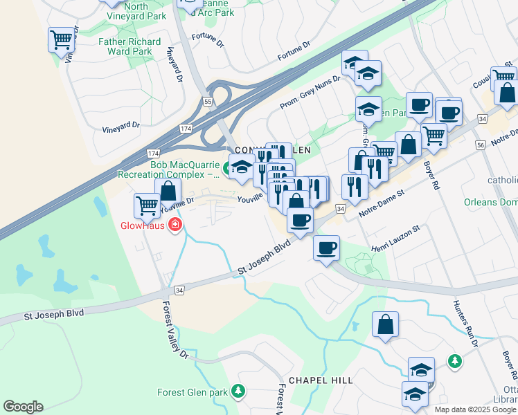 map of restaurants, bars, coffee shops, grocery stores, and more near 1489 Youville Drive in Ottawa