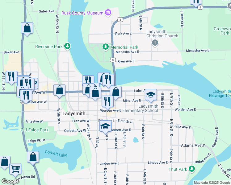 map of restaurants, bars, coffee shops, grocery stores, and more near 300 Lake Avenue West in Ladysmith