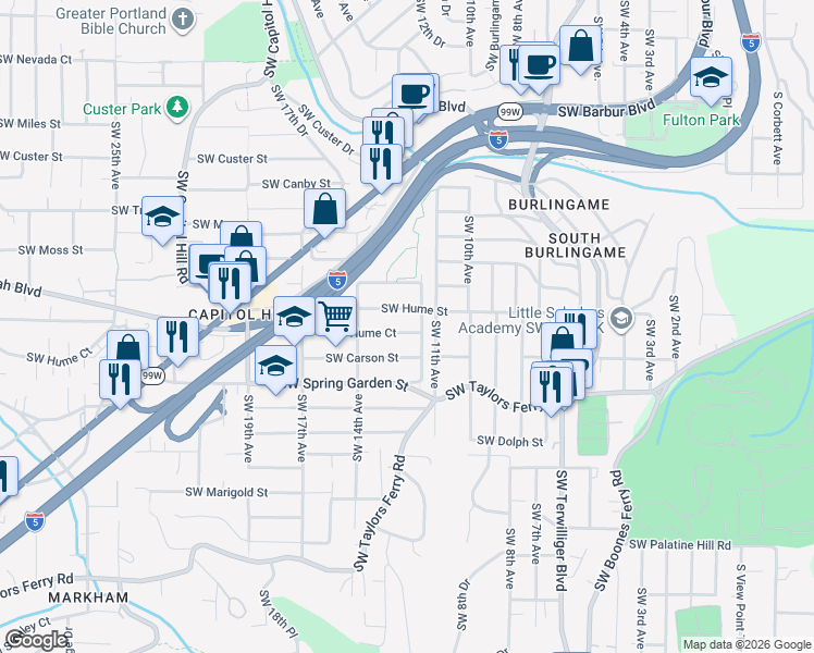 map of restaurants, bars, coffee shops, grocery stores, and more near 1227 Southwest Hume Court in Portland