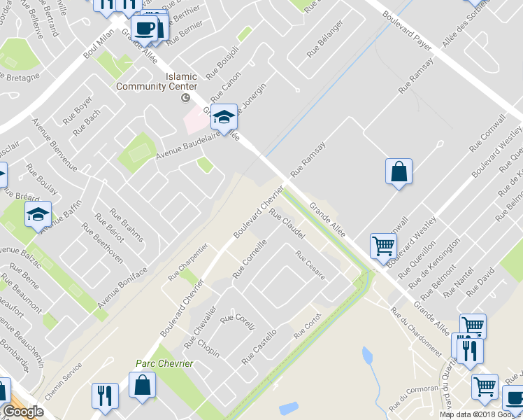 map of restaurants, bars, coffee shops, grocery stores, and more near 6405 Rue Claudel in Brossard