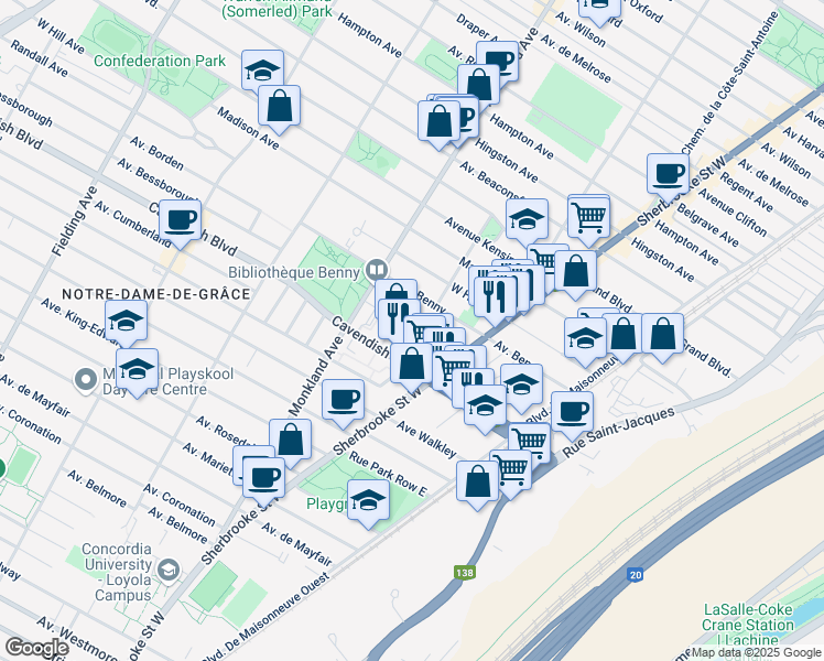 map of restaurants, bars, coffee shops, grocery stores, and more near 3510 Avenue Benny in Montréal