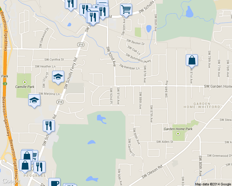 map of restaurants, bars, coffee shops, grocery stores, and more near 7625 Southwest 91st Avenue in Portland
