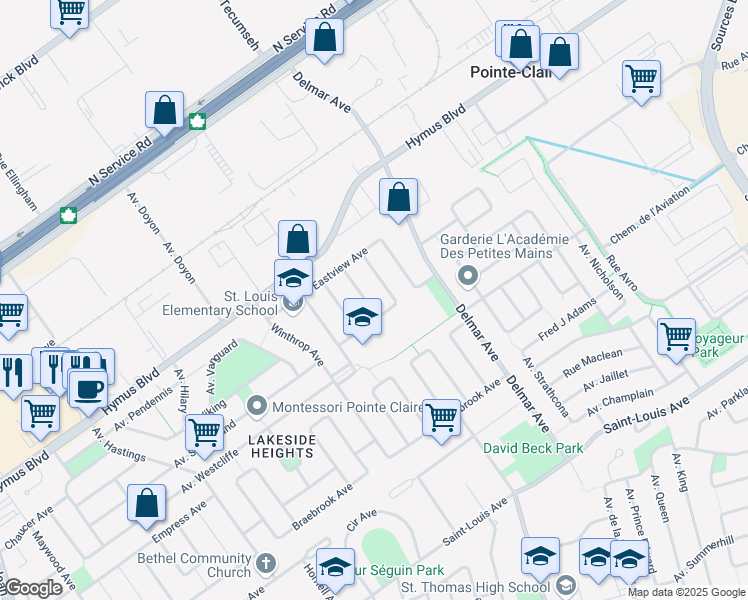 map of restaurants, bars, coffee shops, grocery stores, and more near 18 Avenue de Compton Crescent in Pointe-Claire