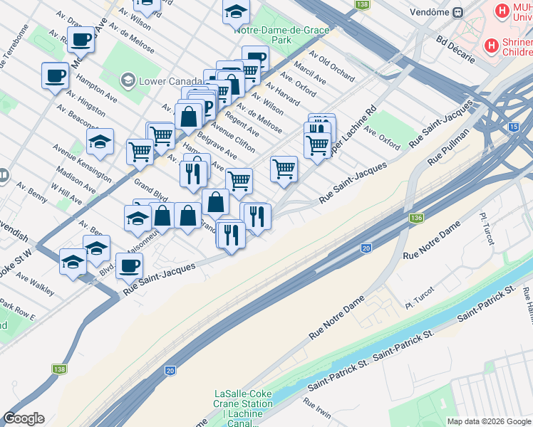 map of restaurants, bars, coffee shops, grocery stores, and more near 6087 Rue Saint-Jacques in Montréal