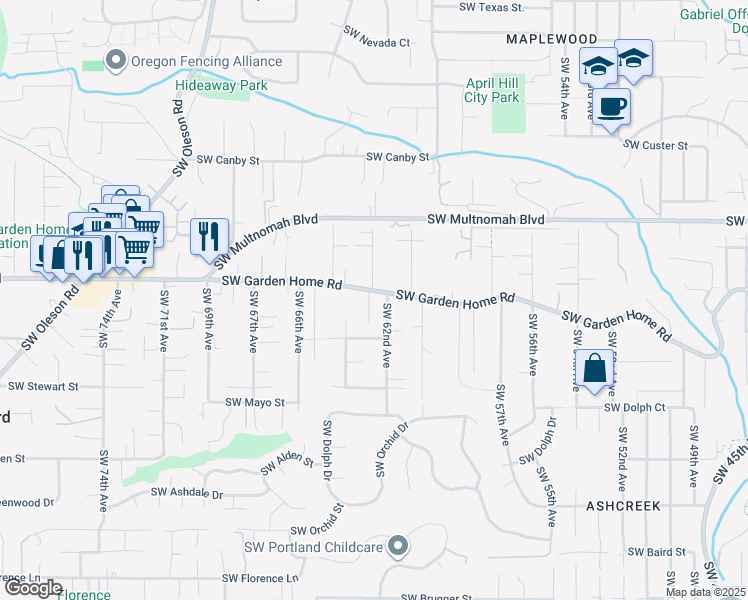 map of restaurants, bars, coffee shops, grocery stores, and more near 6206 Southwest Garden Home Road in Portland
