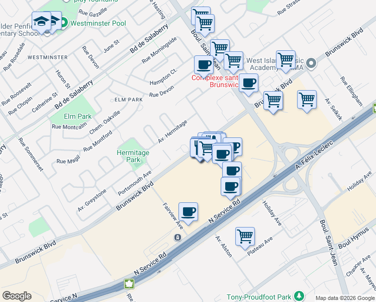map of restaurants, bars, coffee shops, grocery stores, and more near 353 Brunswick Boulevard in Pointe-Claire