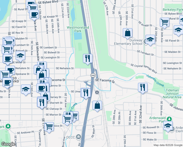 map of restaurants, bars, coffee shops, grocery stores, and more near 8041 Southeast McLoughlin Boulevard in Portland