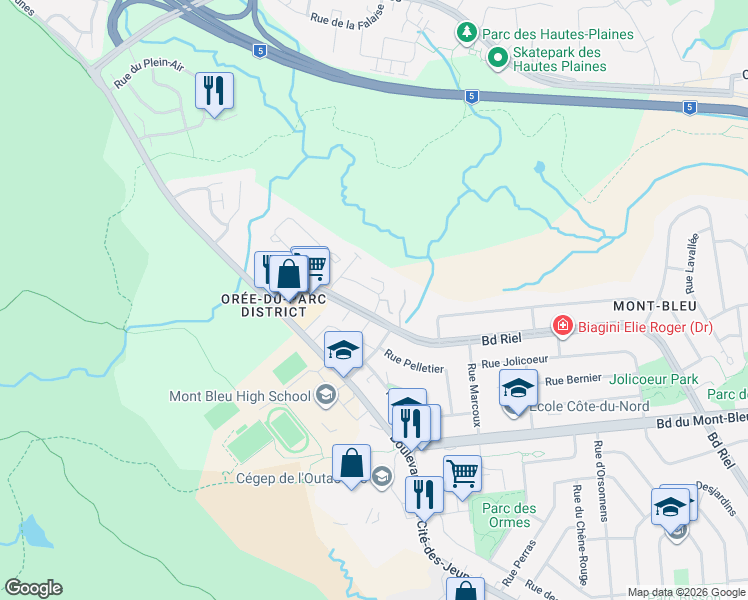 map of restaurants, bars, coffee shops, grocery stores, and more near 39 Rue du Ravin-Bleu in Gatineau