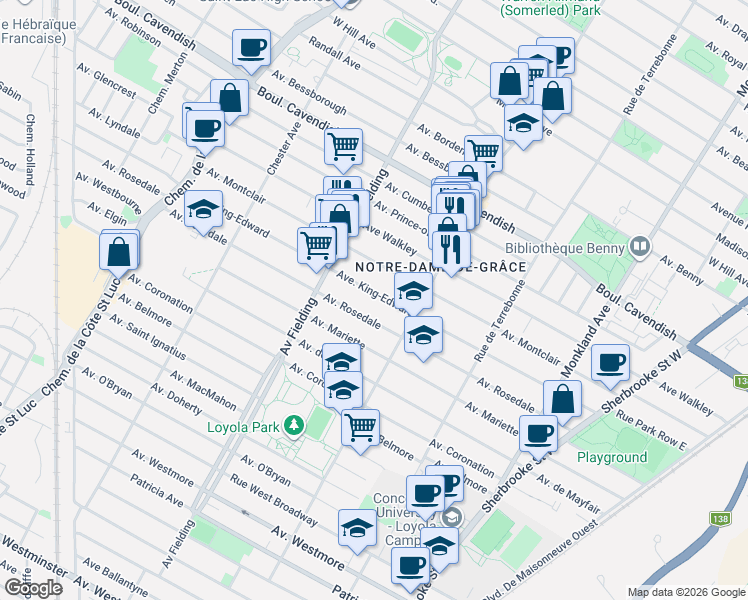 map of restaurants, bars, coffee shops, grocery stores, and more near 4890 Avenue King-Edward in Montréal