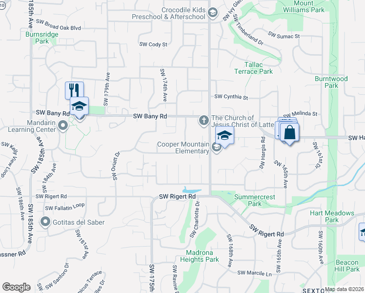 map of restaurants, bars, coffee shops, grocery stores, and more near 17240 Southwest Hart Way in Beaverton