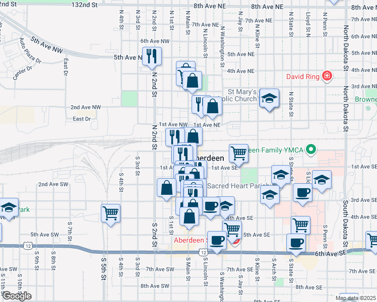 map of restaurants, bars, coffee shops, grocery stores, and more near 1 South Main Street in Aberdeen