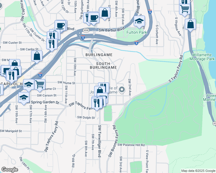 map of restaurants, bars, coffee shops, grocery stores, and more near 8217 Southwest Terwilliger Boulevard in Portland
