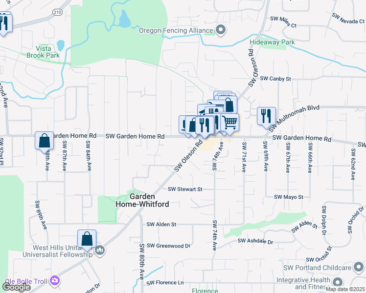 map of restaurants, bars, coffee shops, grocery stores, and more near 7700 Southwest Garden Home Road in Portland