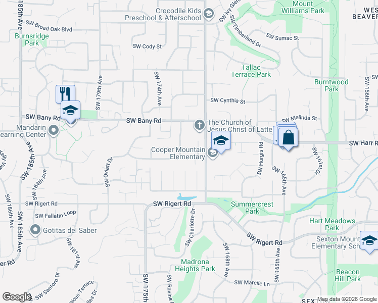 map of restaurants, bars, coffee shops, grocery stores, and more near 17140 Southwest Hart Way in Beaverton