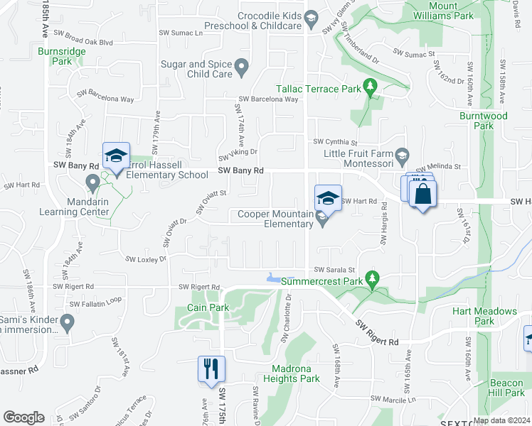 map of restaurants, bars, coffee shops, grocery stores, and more near 17240 Southwest Hart Way in Beaverton