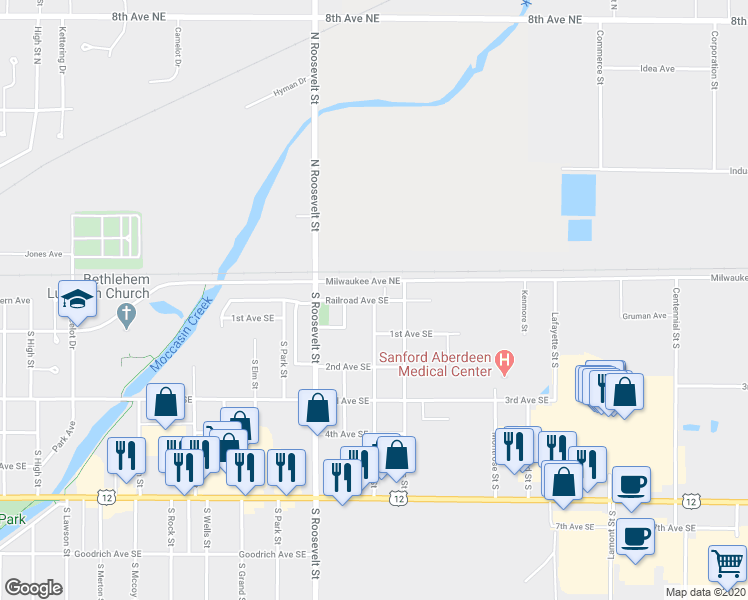 map of restaurants, bars, coffee shops, grocery stores, and more near 2499 Railroad Avenue Southeast in Aberdeen