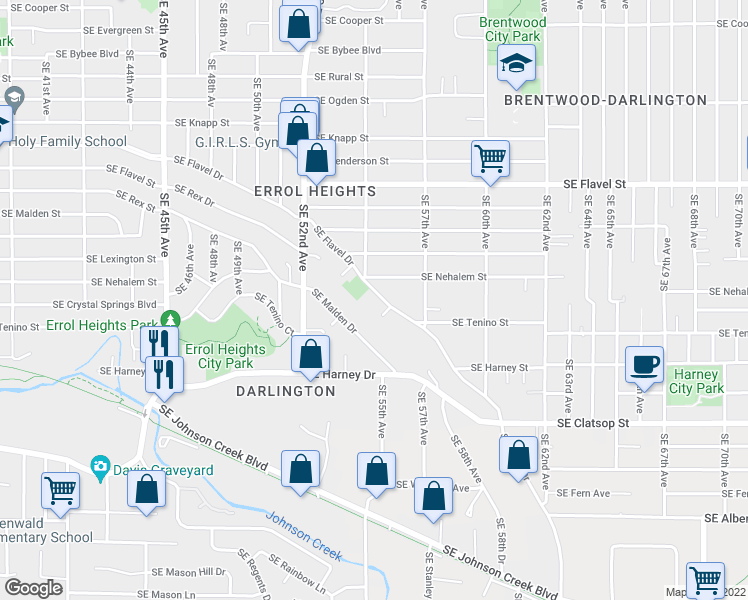 map of restaurants, bars, coffee shops, grocery stores, and more near 5442 Southeast Flavel Drive in Portland