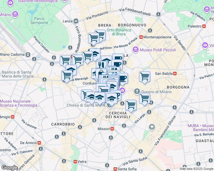 map of restaurants, bars, coffee shops, grocery stores, and more near 12 Via dei Mercanti in Milano