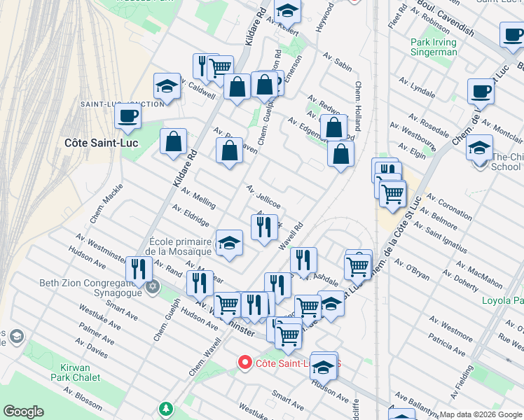 map of restaurants, bars, coffee shops, grocery stores, and more near 5631 Avenue Cork in Côte Saint-Luc