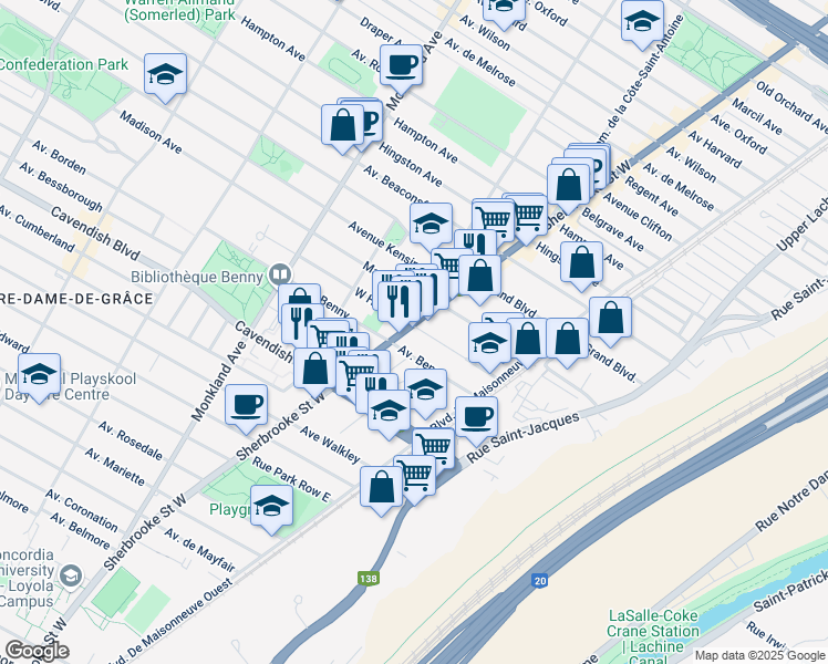 map of restaurants, bars, coffee shops, grocery stores, and more near 6356 Rue Sherbrooke Ouest in Montréal
