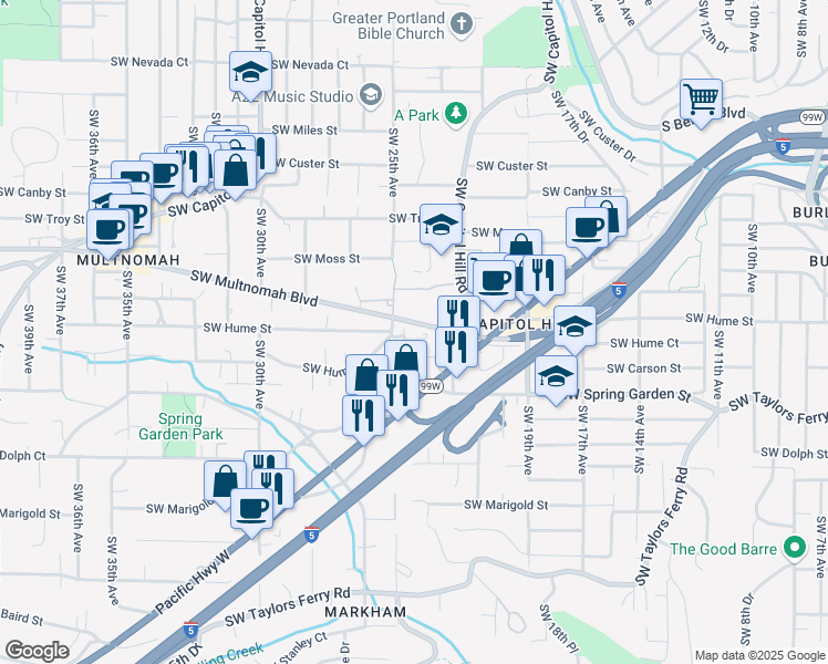 map of restaurants, bars, coffee shops, grocery stores, and more near 2350 Southwest Multnomah Boulevard in Portland