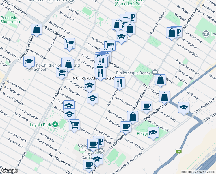 map of restaurants, bars, coffee shops, grocery stores, and more near 4570 Avenue Walkley in Montrã©Al