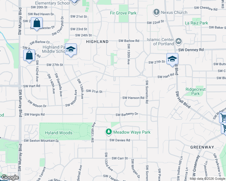 map of restaurants, bars, coffee shops, grocery stores, and more near 13215 Southwest 31st Street in Beaverton