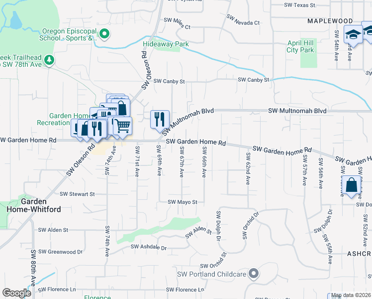 map of restaurants, bars, coffee shops, grocery stores, and more near 7560 Southwest 67th Avenue in Portland
