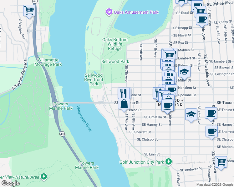 map of restaurants, bars, coffee shops, grocery stores, and more near in Portland