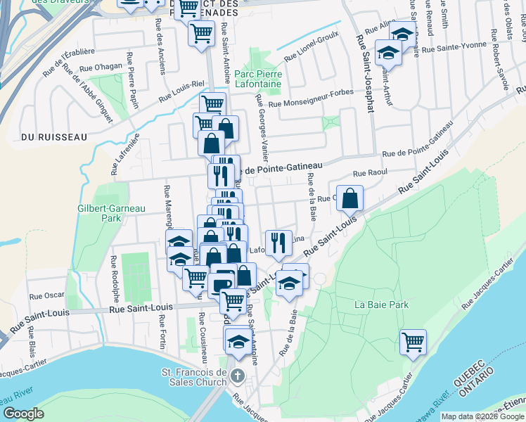 map of restaurants, bars, coffee shops, grocery stores, and more near 16 Rue Guertin in Gatineau