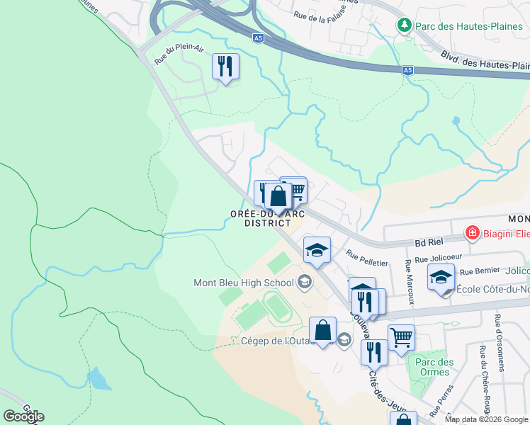 map of restaurants, bars, coffee shops, grocery stores, and more near 576 Boulevard de la Cité-des-Jeunes in Gatineau
