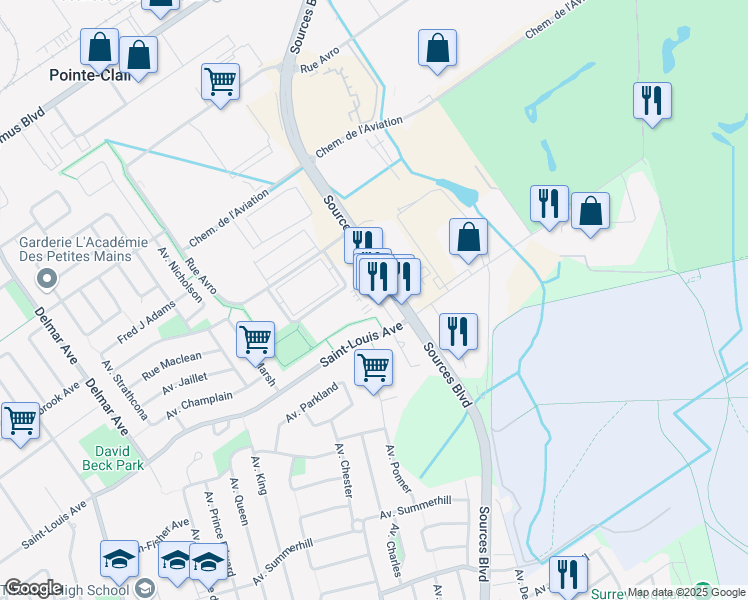 map of restaurants, bars, coffee shops, grocery stores, and more near 1864c Boulevard des Sources in Pointe-Claire