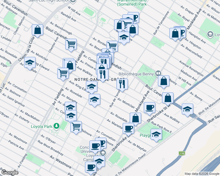 map of restaurants, bars, coffee shops, grocery stores, and more near 4570 Avenue Walkley in Montrã©Al