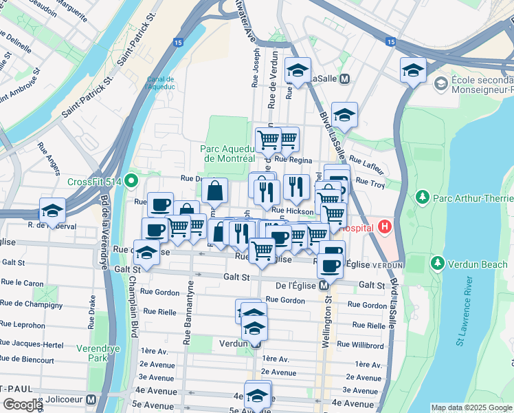 map of restaurants, bars, coffee shops, grocery stores, and more near 629 Rue Hickson in Montréal