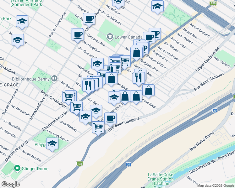 map of restaurants, bars, coffee shops, grocery stores, and more near 2325 Avenue Madison in Montréal