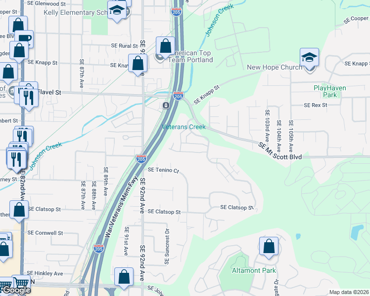 map of restaurants, bars, coffee shops, grocery stores, and more near 8042 Southeast Aspen Summit Drive in Portland