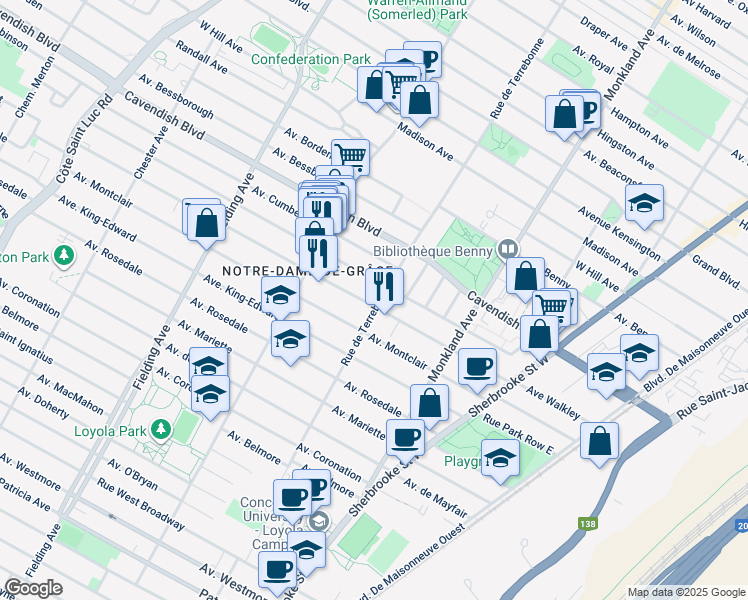 map of restaurants, bars, coffee shops, grocery stores, and more near 6645 Rue de Terrebonne in Montréal