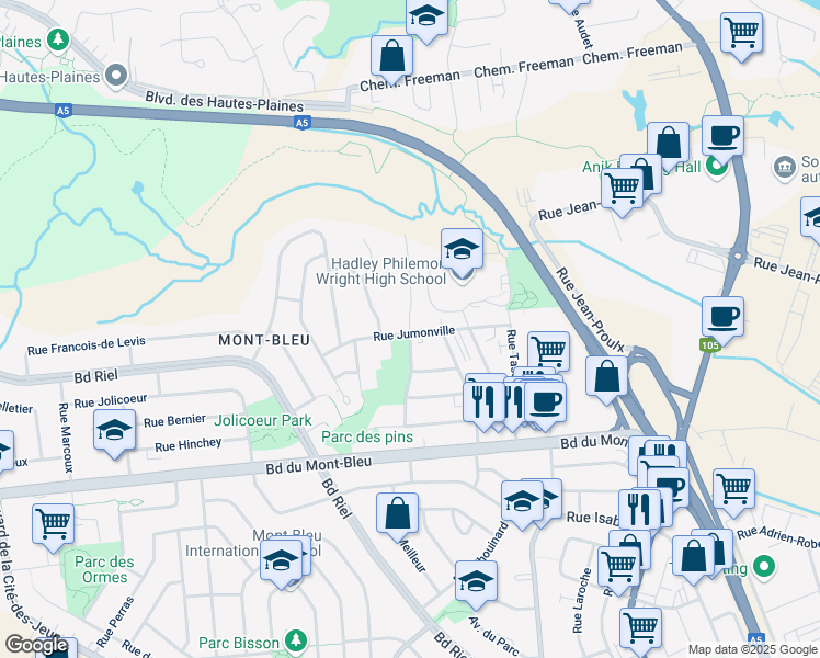 map of restaurants, bars, coffee shops, grocery stores, and more near 40 Rue Charles Albanel in Gatineau