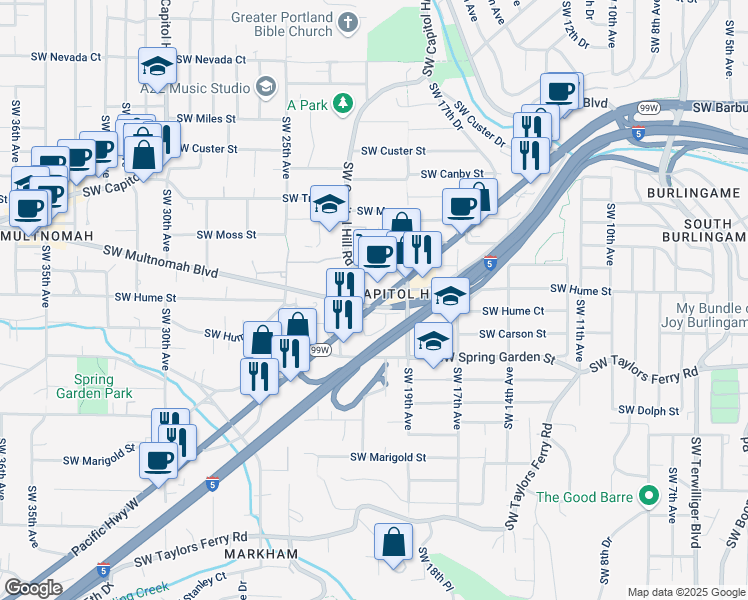 map of restaurants, bars, coffee shops, grocery stores, and more near 1926 Southwest Hume Court in Portland